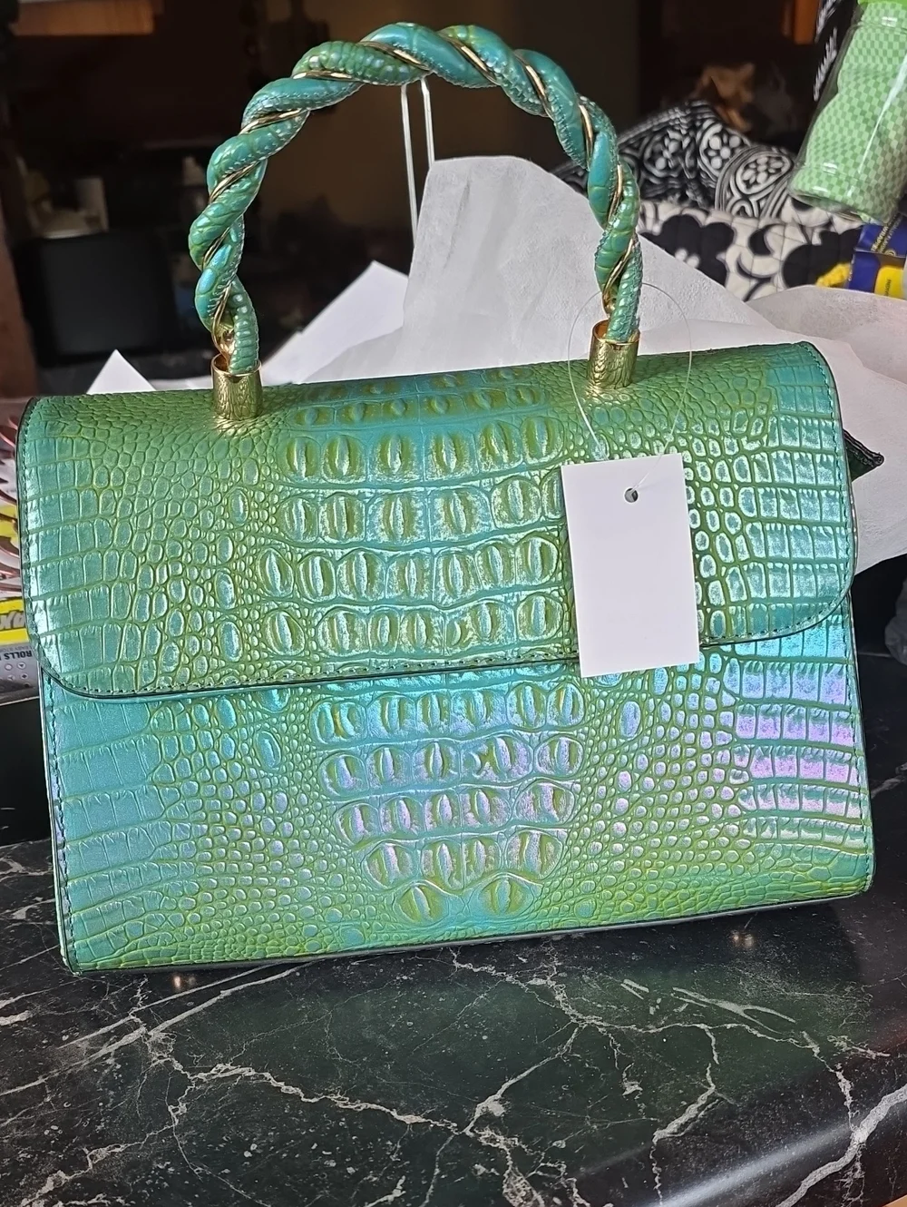 Iridescent Green Croc-Embossed Top-Handle Bag